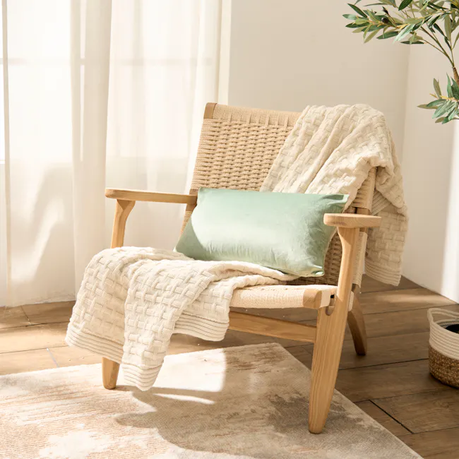 Alyssa Velvet Lumbar Cushion Cover - Jade - 6 - Sunlight streaming through sheer curtains, cozy wicker chair with light
