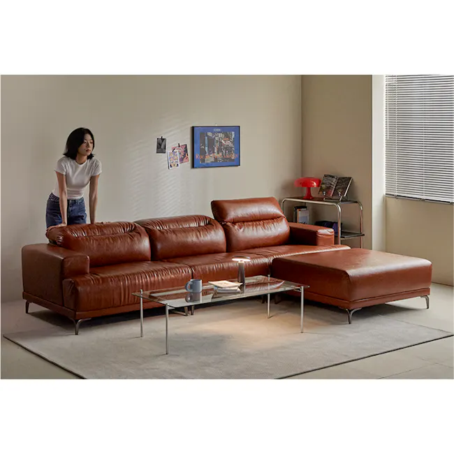 Lorney 4 Seater Sofa with Adjustable Headrest - Camel (Faux Leather) - 8
