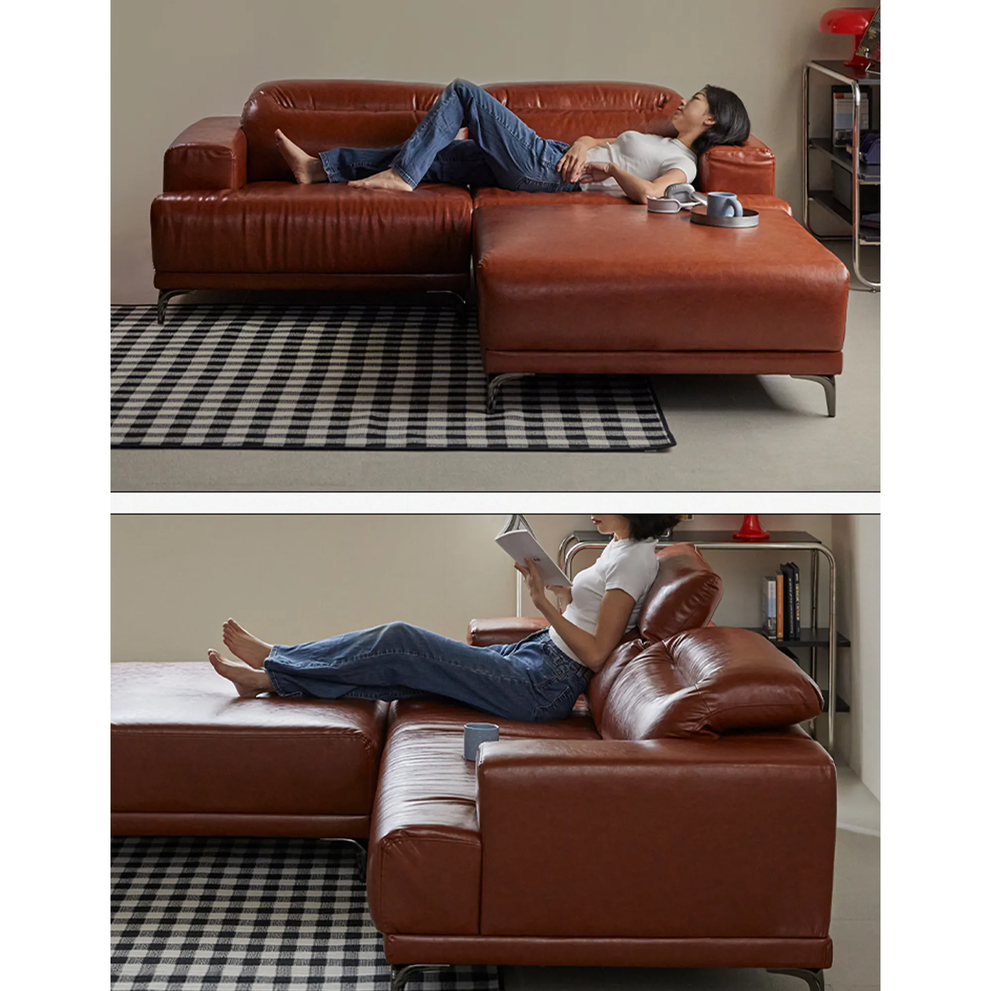 Lorney 4 Seater Sofa with Adjustable Headrest - Camel (Faux Leather) - 86