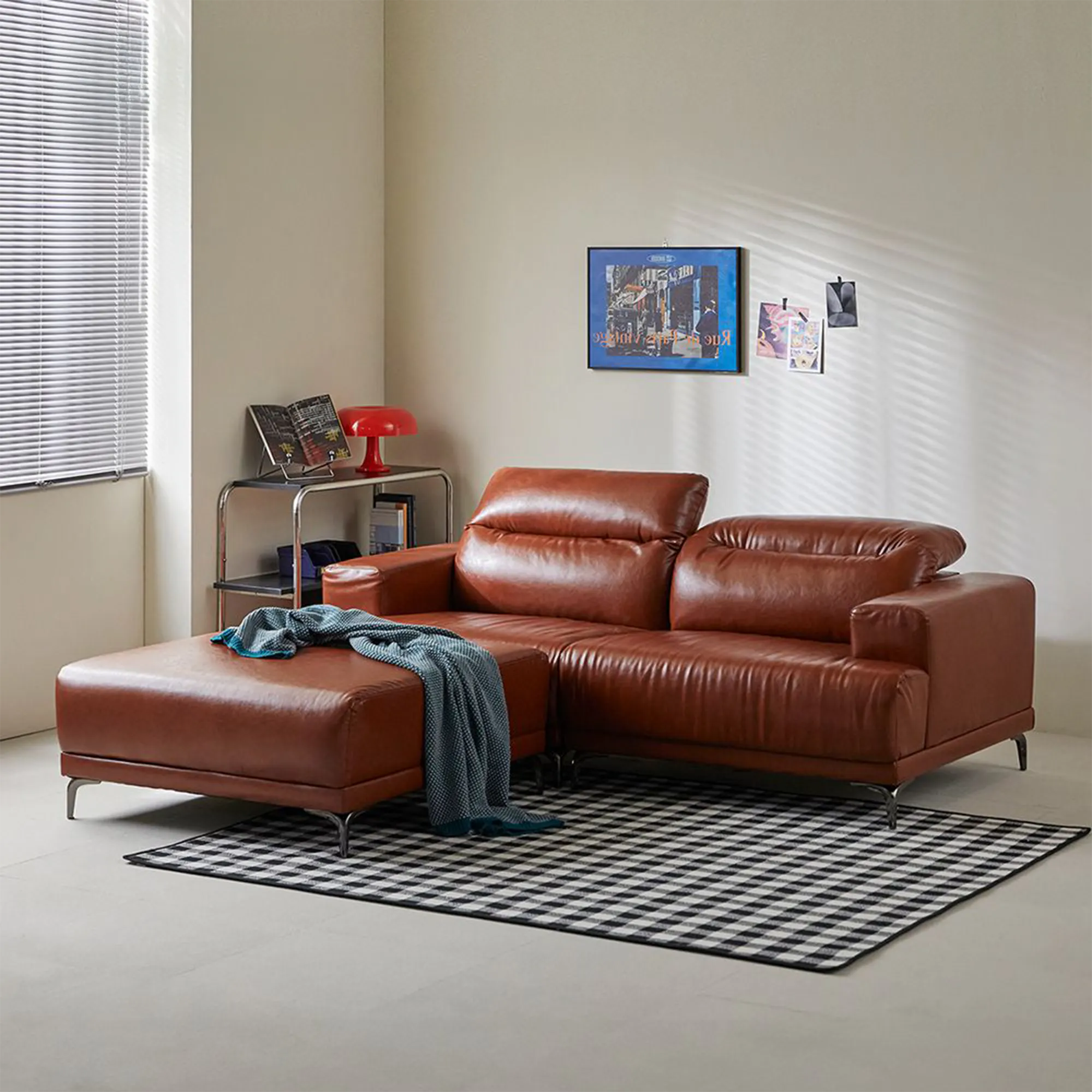 Lorney 4 Seater Sofa with Adjustable Headrest - Camel (Faux Leather) - 91
