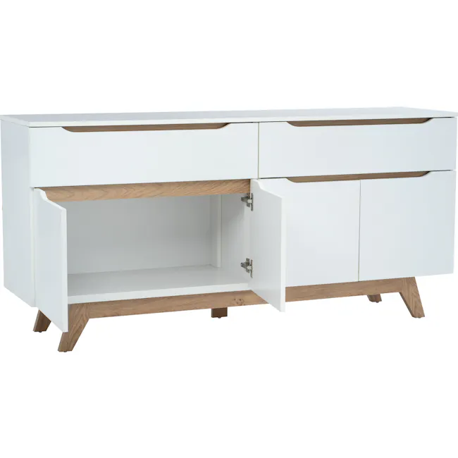 Miah Sideboard 1.6m - Natural, White - 4 - White cabinet with wooden accents, minimalist design, open storage compartment