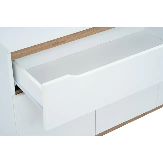 Miah Sideboard 1.6m - Natural, White - 10 - White modern cabinet with wooden top, open drawer revealing interior, minimalist