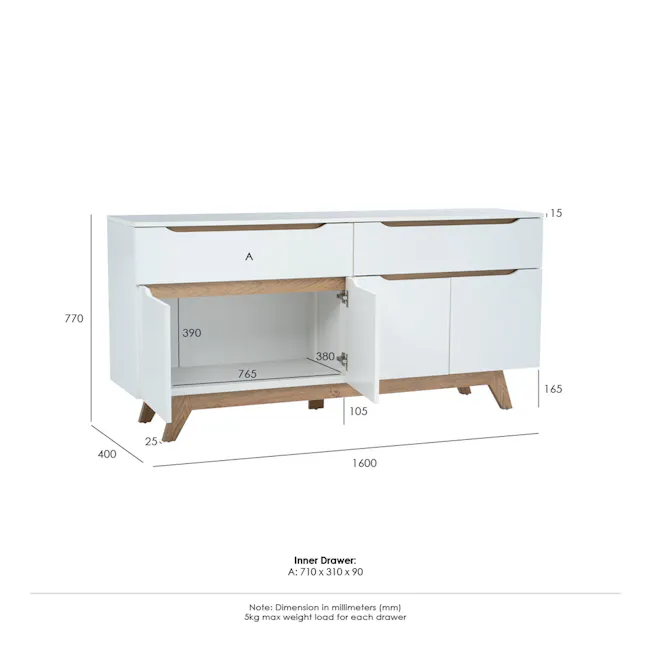 Miah Sideboard 1.6m - Natural, White - 7 - Dimensions, drawer, white cabinet, wooden frame, 390mm, 770mm, 380mm, 1600mm