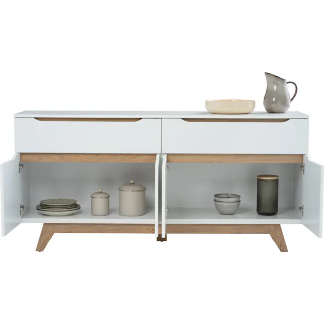 Miah Sideboard 1.6m - Natural, White - 2 - White kitchen cabinet with open doors, ceramic dishes, wooden shelf, minimalist