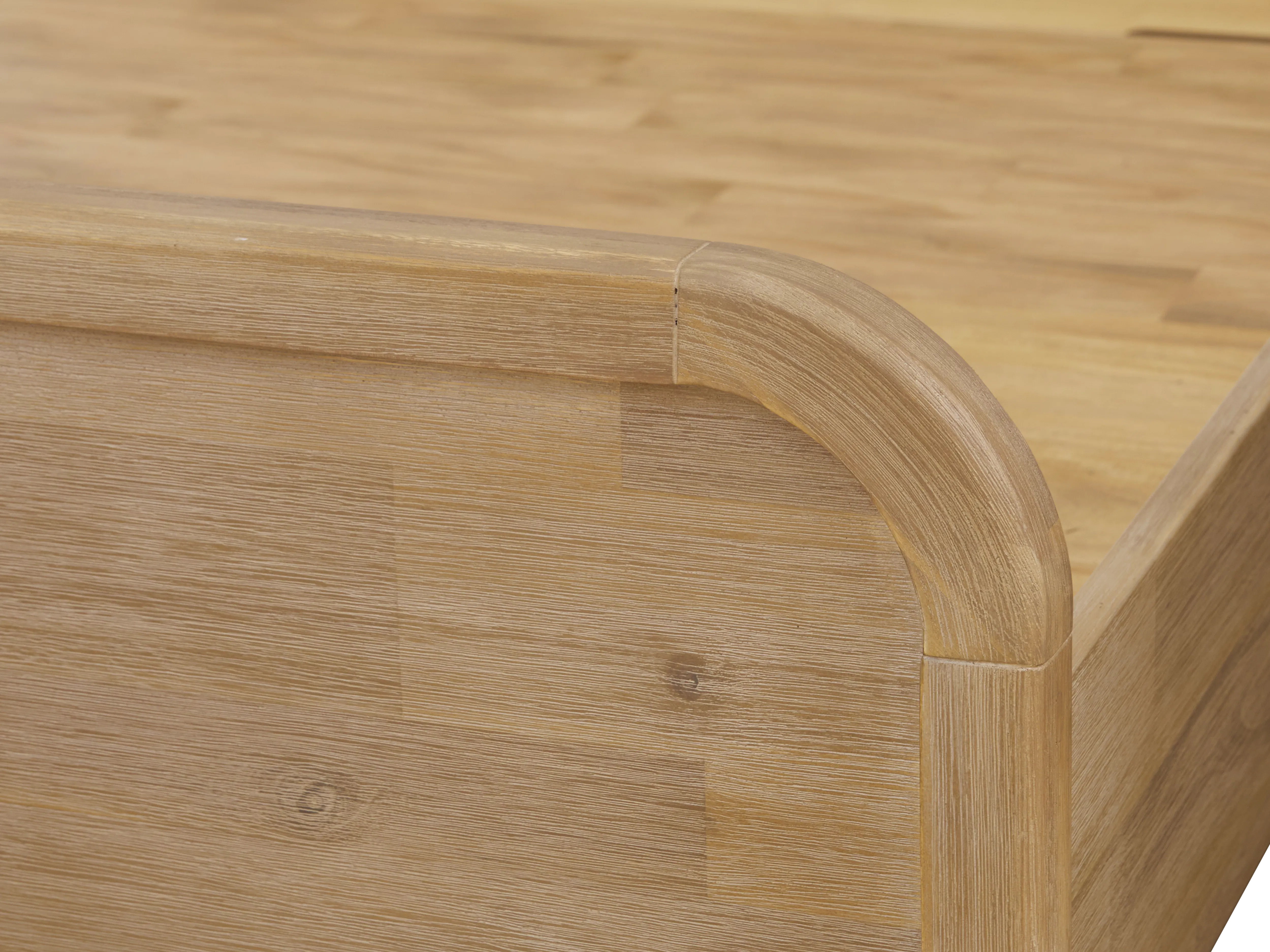 Catania Queen Bed - 13 - Wooden frame, curved edge, natural wood grain, detailed texture, smooth finish, polished surface
