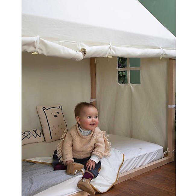 Childhome House Bed Frame Mattress Protector 140x70 cm - 3 - Baby sitting under a tent, cozy sweater, bear pillow, wooden