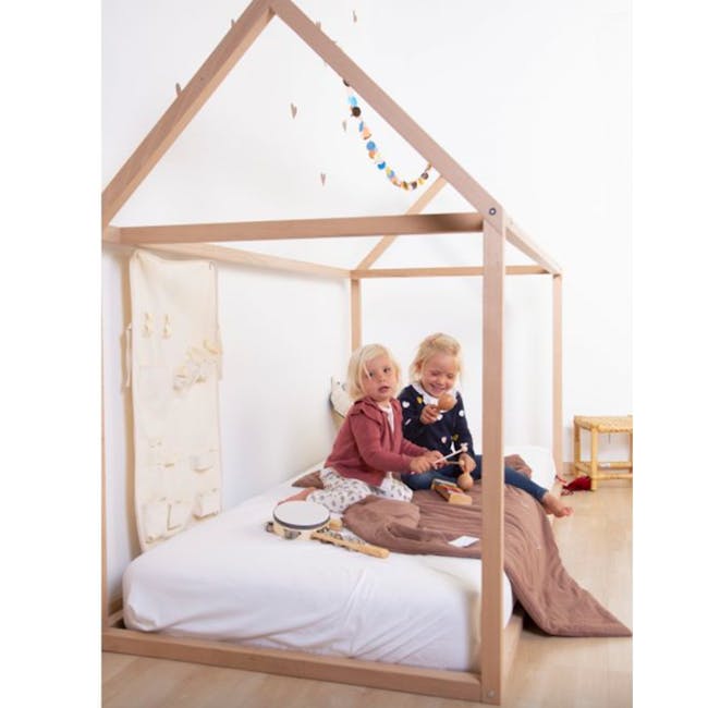 Childhome House Bed Frame Mattress Protector 140x70 cm - 4 - Wooden playhouse, children playing, two kids sitting, colorful