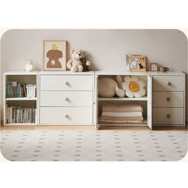 Mika Kids 2 Door Cabinet - 3 - White children's bookshelf, soft toys, teddy bear, framed picture, cat drawings, books
