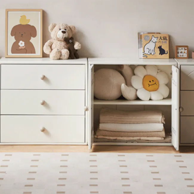 Mika Kids 2 Door Cabinet - 2 - Cute teddy bear, stuffed animal, plush toys, white dresser, open drawer, neatly folded
