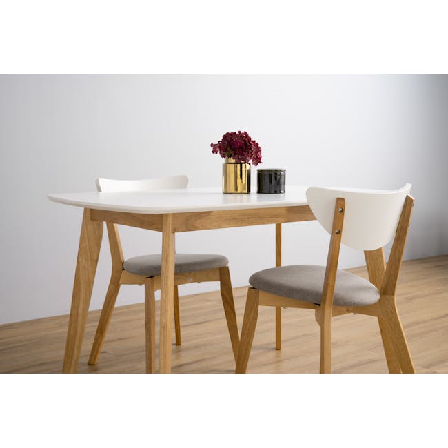 Harold Dining Table 1.2m - Natural, White - 2 - Modern minimalist dining table with white top and wooden legs, two chairs