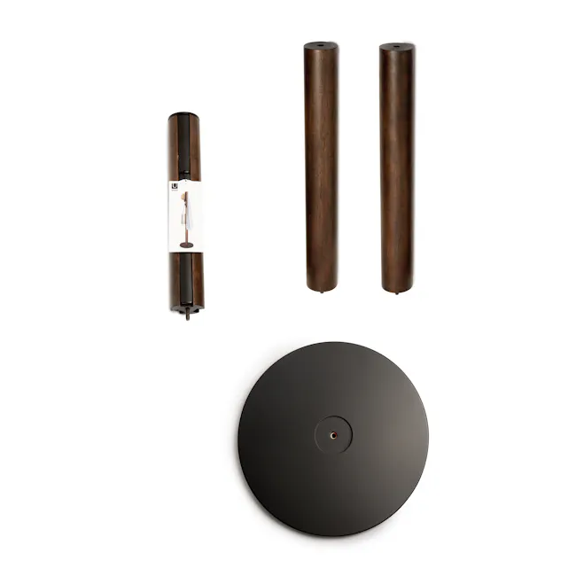 Flapper Coat Rack - Black, Walnut - 11 - Wooden cylindrical objects, black circular object, white background, minimalist