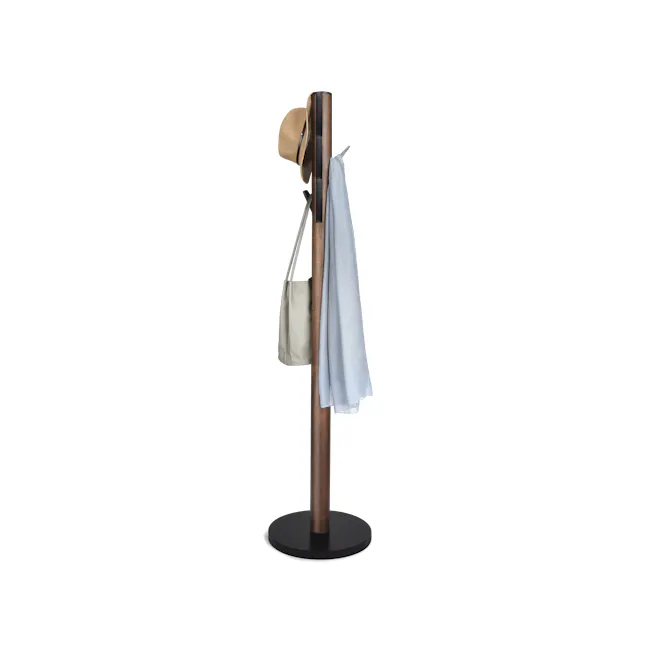 Flapper Coat Rack - Black, Walnut - 6 - Hat, clothing, stand, wooden pole, black base, beige bag, light blue shirt, folded