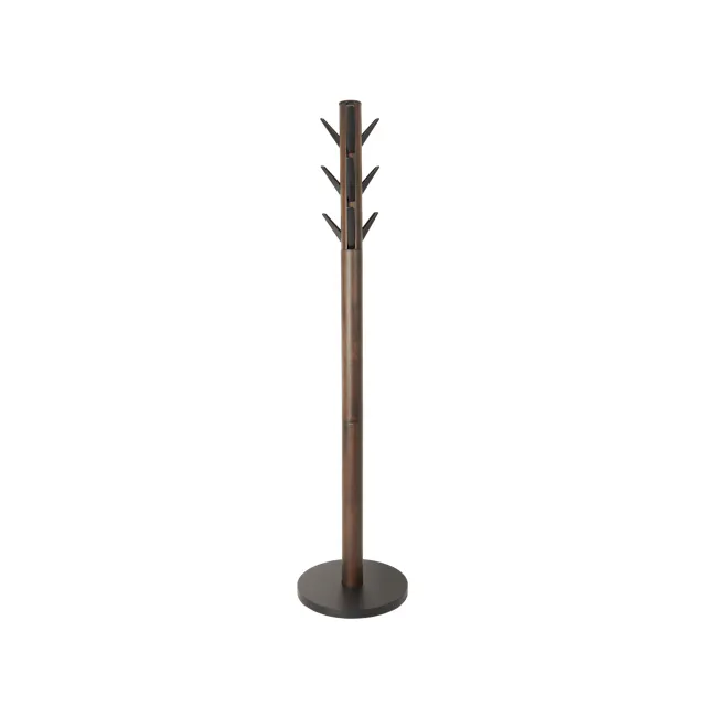 Flapper Coat Rack - Black, Walnut - 7 - Modern stand with tapered design, dark wood finish, cylindrical base, metallic