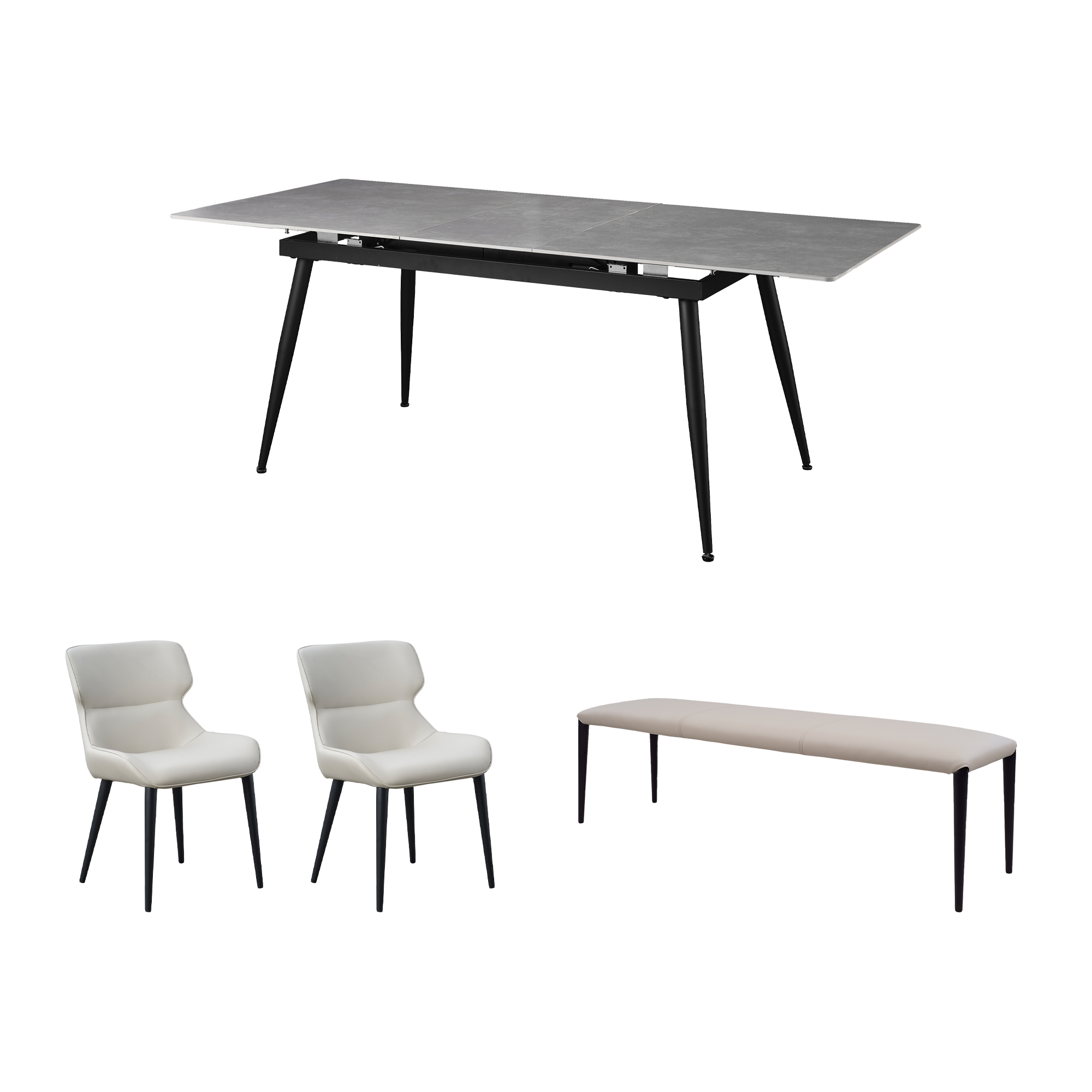 Syla Extendable Dining Table 1.6m-2m in Concrete Grey (Sintered Stone) with Jorge Bench 1.5m and 2 Santiago Dining Chair in Beige (Faux Leather)
