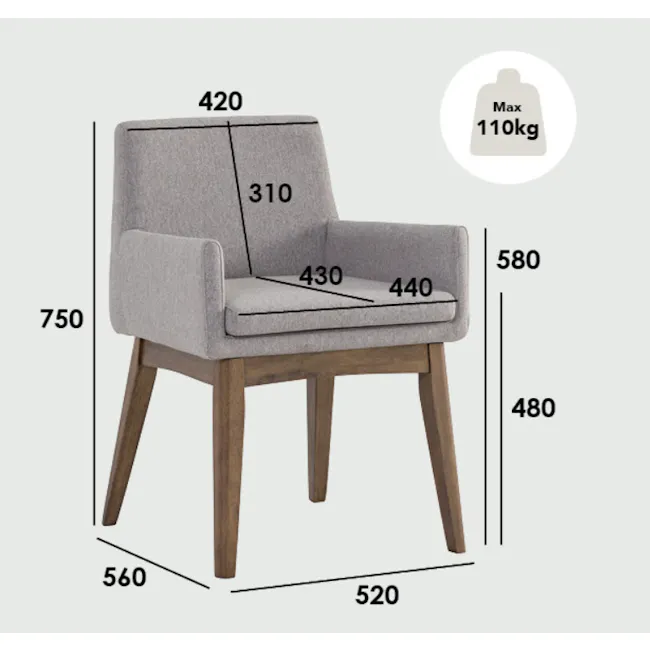 Fabian Dining Armchair - Cocoa, Light Grey (Fabric) - 8 - Grey upholstered armchair, 420 cm seat height, 310 cm backrest