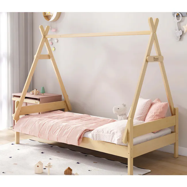 Forest Teepee Boori Single Bed - 3 - Wooden swing bed, pastel pink bedding, wooden frame, child-friendly design, wooden
