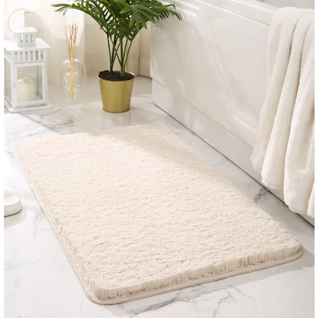 Shiloh Floor Mat - Off White - 3 - White bath mat, beige rug, white marble floor, green potted plant, white lantern, clear