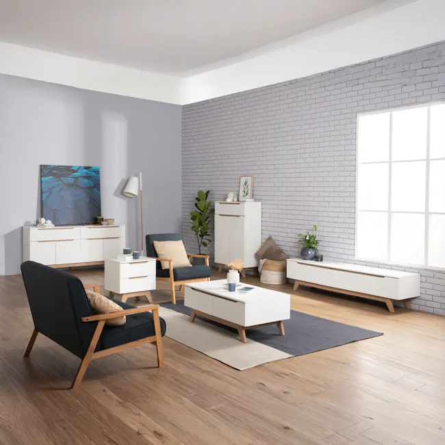Nolan Queen Bed in Silver Fox with 2 Miah Bedside Table in White - 14 - Modern minimalist living room with gray brick wall