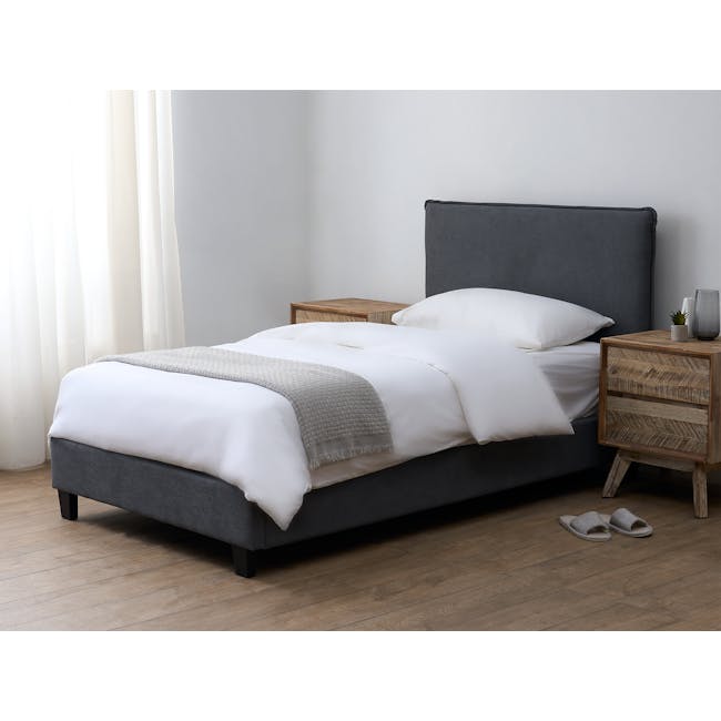 Arthur King Divan Bed - Urban Grey (Fabric) - 7 - White bed with gray headboard, wooden nightstands, gray textured blanket