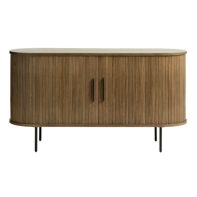 Nola Sideboard 1.4m - Walnut - 5 - Wooden cabinet with black handles, minimalist design, round top, vertical wood grain