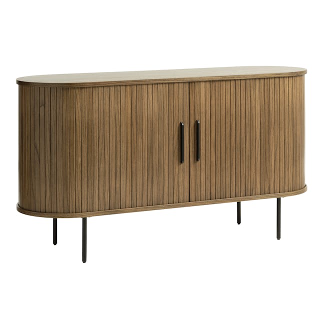 Nola Sideboard 1.4m - Walnut - 6 - Wooden cabinet with black handles, cylindrical shape, natural wood finish, vertical