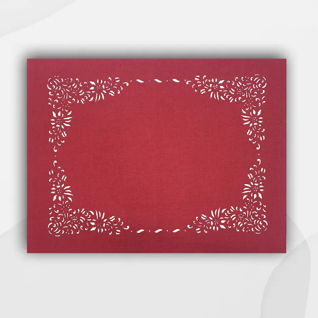 RAPEE Jardin Placemat - Red - 5 - Red textured fabric, intricate white floral patterns, elegant border design, soft texture