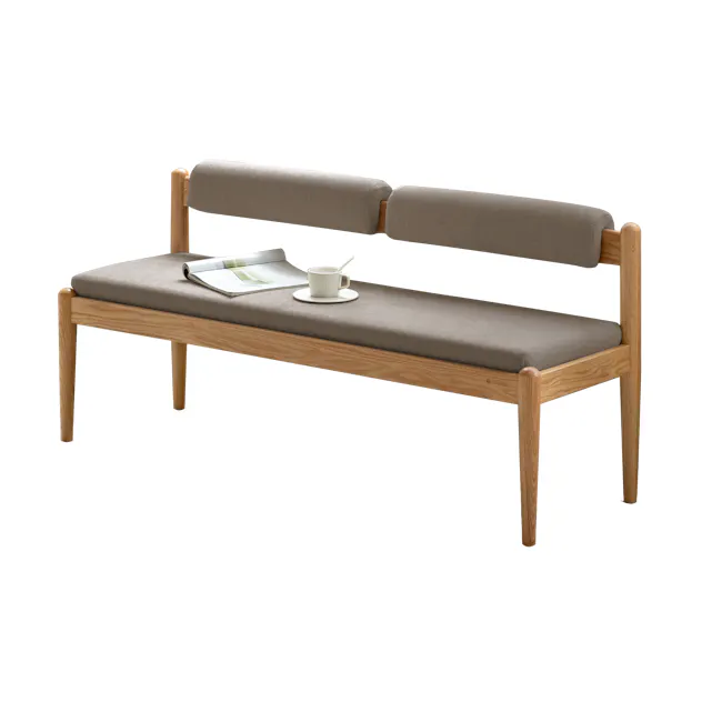 Niel Bench 1.45m - Oak, Chestnut - 1 - Wooden bench, minimalist design, light gray cushion, soft fabric, cozy seating