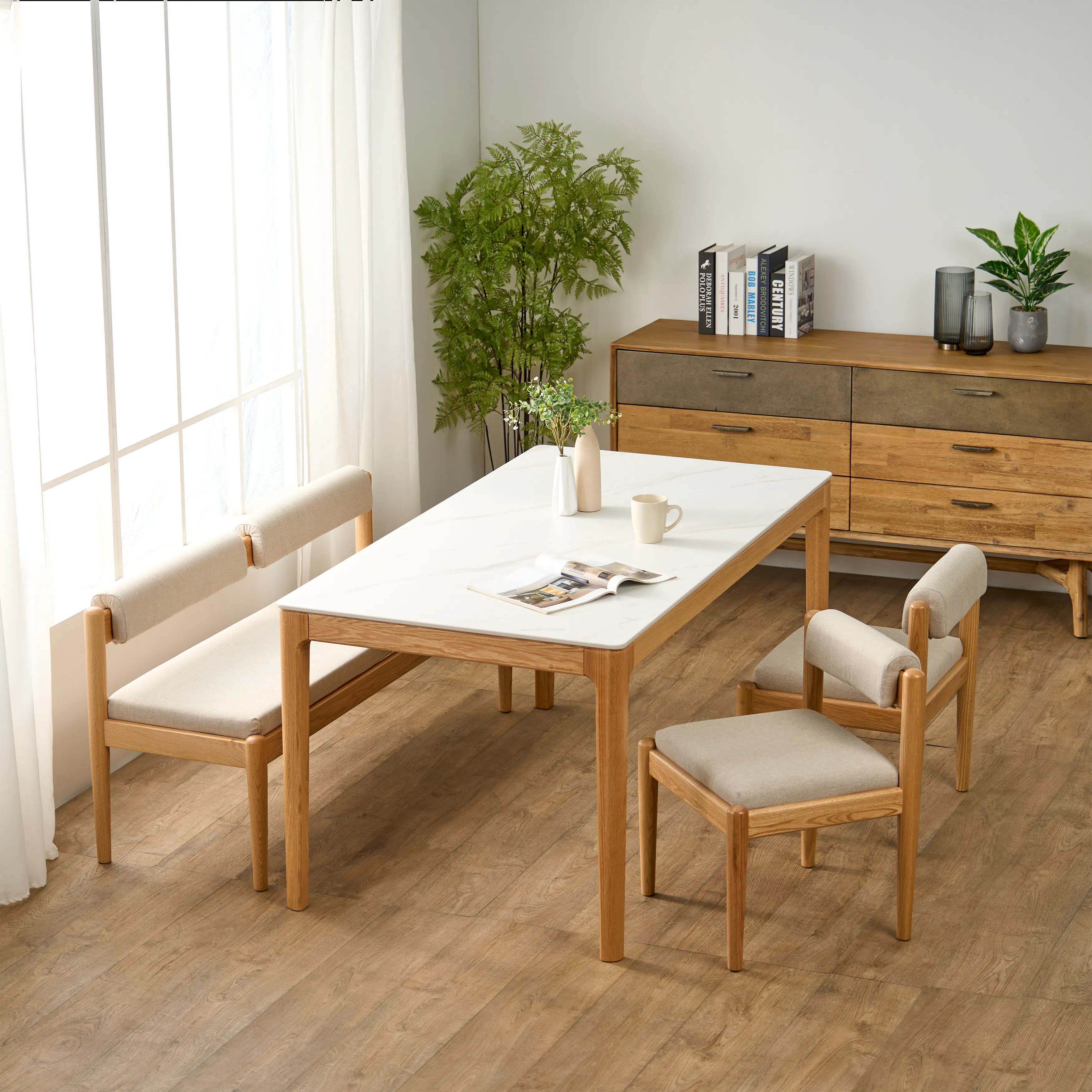 Adelyn Dining Table 1.4m (Sintered Stone) with 4 Niel Chairs in Oak - 28 - Light streaming through sheer curtains, natural