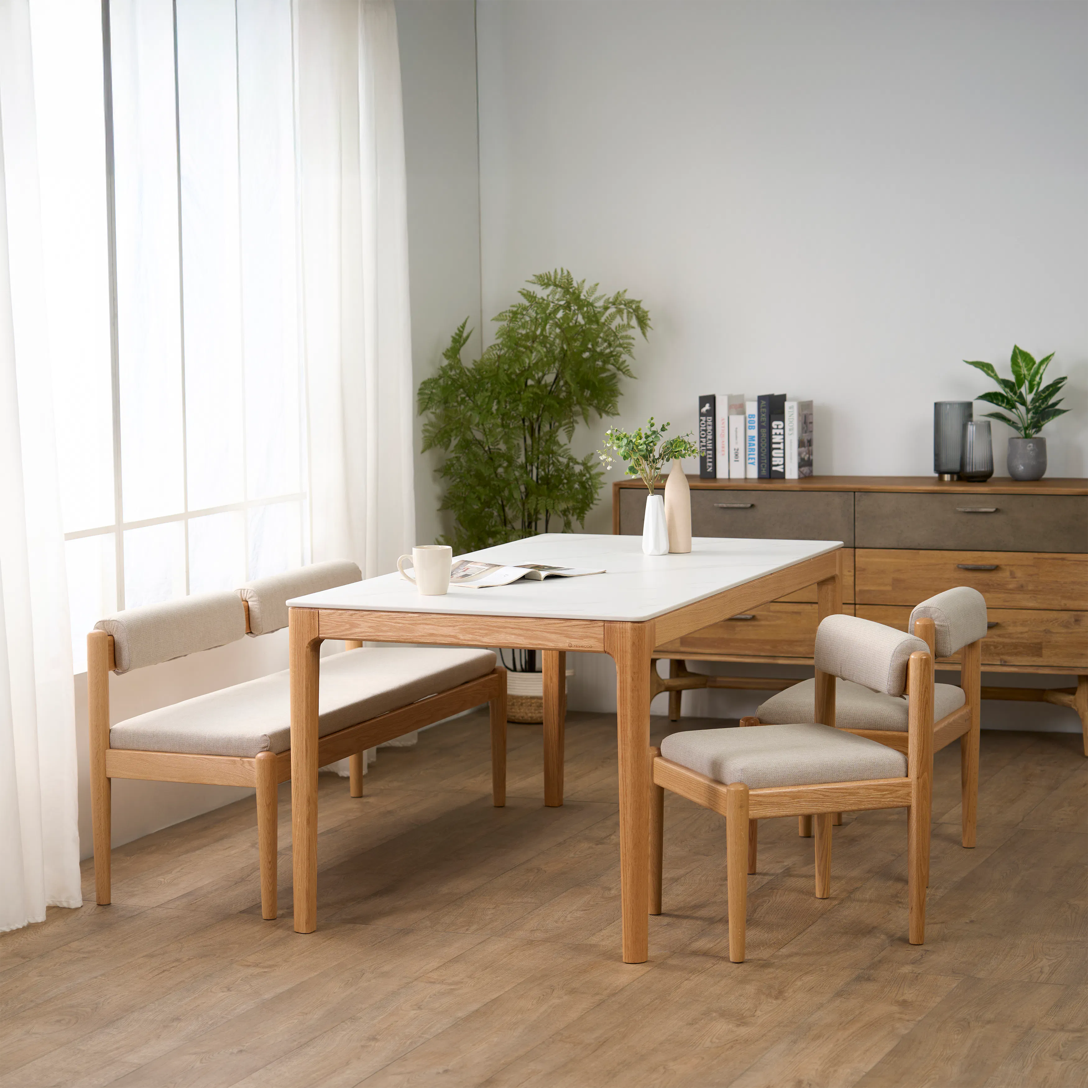 Adelyn Dining Table 1.4m (Sintered Stone) with 4 Niel Chairs in Oak - 29 - Light wood dining table with beige upholstered
