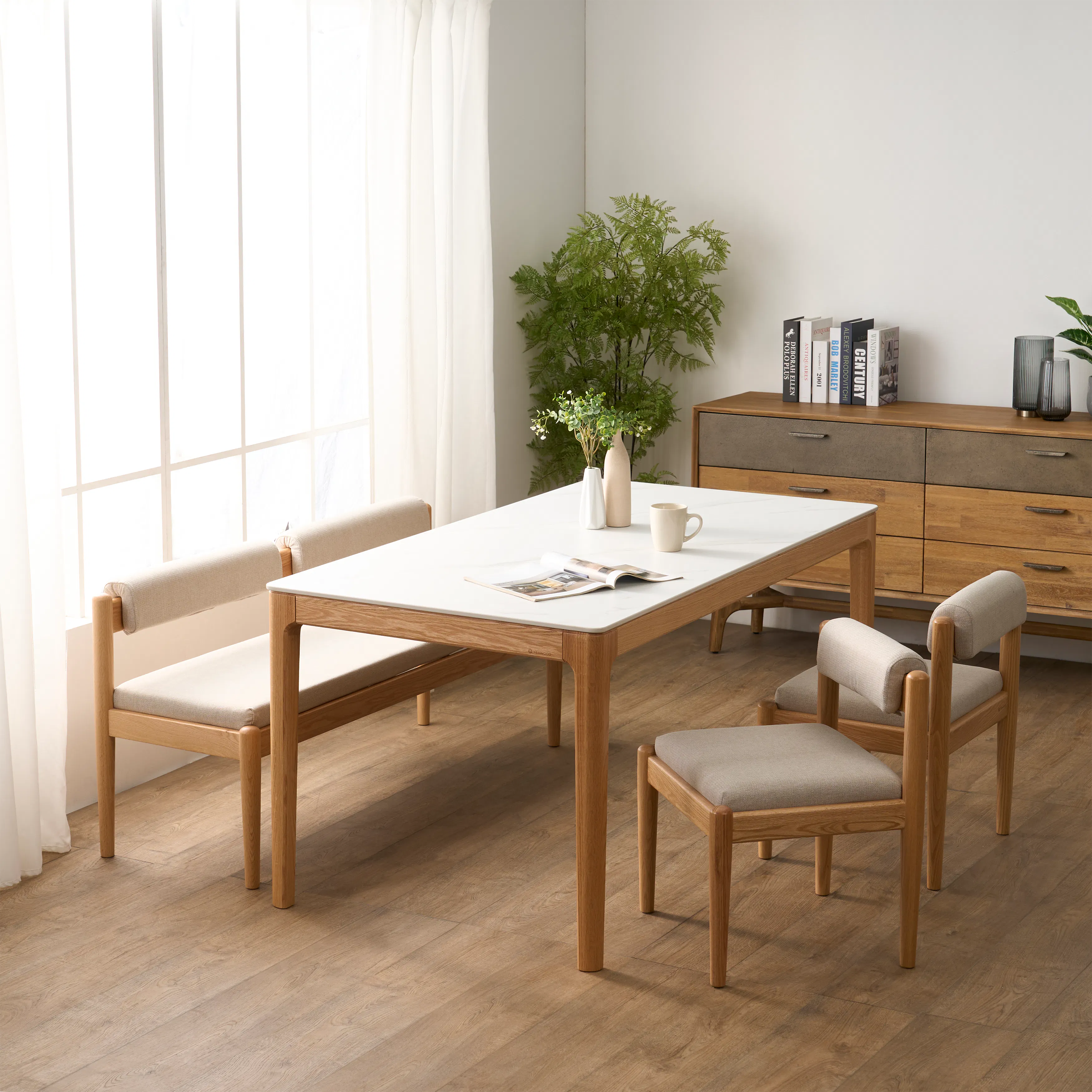 Adelyn Dining Table 1.4m (Sintered Stone) with 4 Niel Chairs in Oak - 31 - Modern dining room, minimalist furniture, wooden