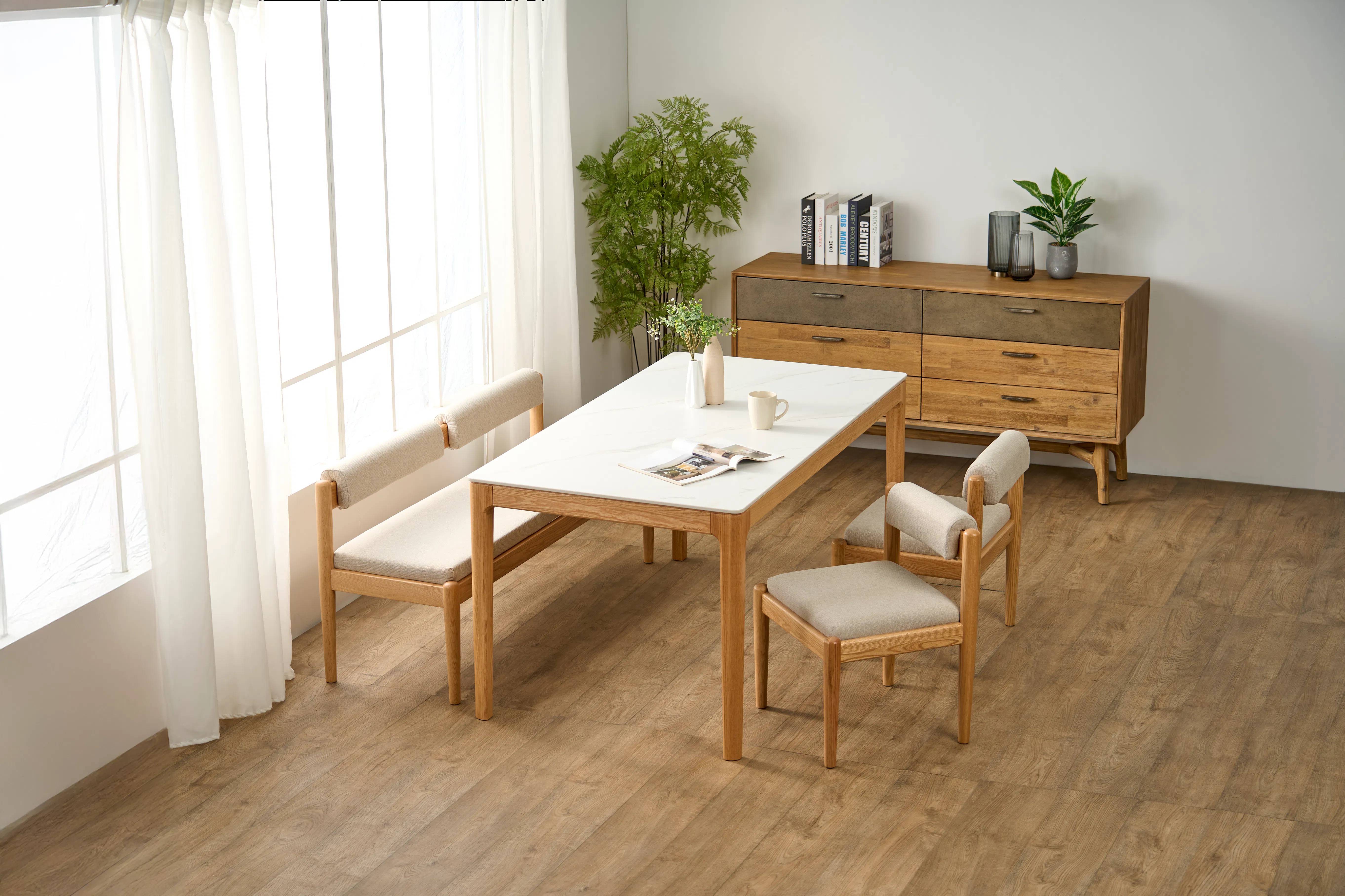 Adelyn Dining Table 1.4m (Sintered Stone) with 4 Niel Chairs in Oak - 72 - Bright room with large windows, natural light