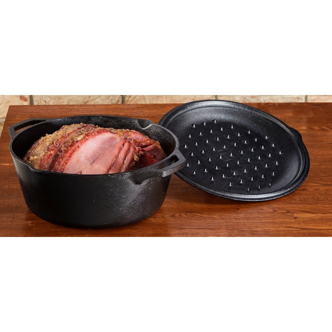 Lodge Seasoned Cast Iron Dutch Oven (2 Sizes) - 3 - Black cast iron skillet, sliced ham, crispy exterior, golden brown