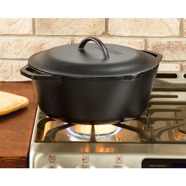 Lodge Seasoned Cast Iron Dutch Oven (2 Sizes) - 6 - Oven, stovetop, gas burner, black pot, lid, cooking, flames, blue flame