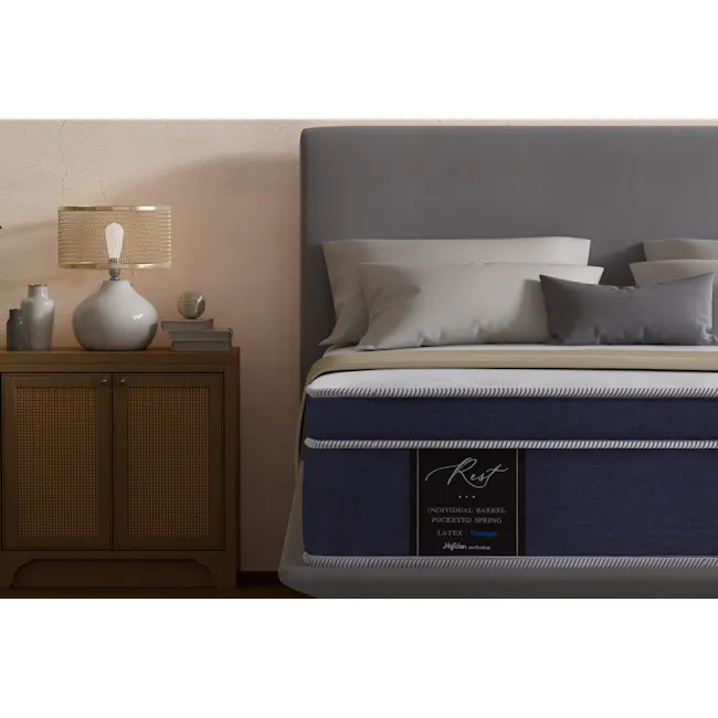 MaxCoil REST 28cm Mattress - Firm (4 Sizes) *HipVan Exclusive!* - 9 - Modern bedroom setup, bedside table with lamp, gray