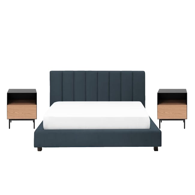 Elliot Queen Bed in Midnight with 2 Lewis Bedside Tables in Black, Oak - 0