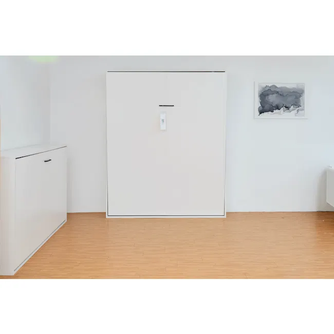 Llyod Single Vertical Wall Bed with Desk - White - 2 - Minimalist white cabinet, modern interior, clean design, white walls