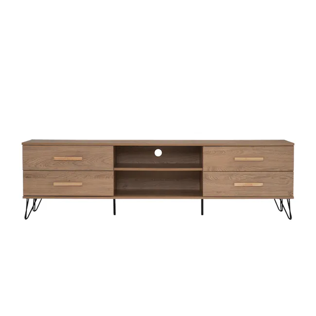 Sandra TV Console 1.8m - Oak - 1 - Wooden sideboard, minimalist design, natural wood finish, open shelving, two drawers