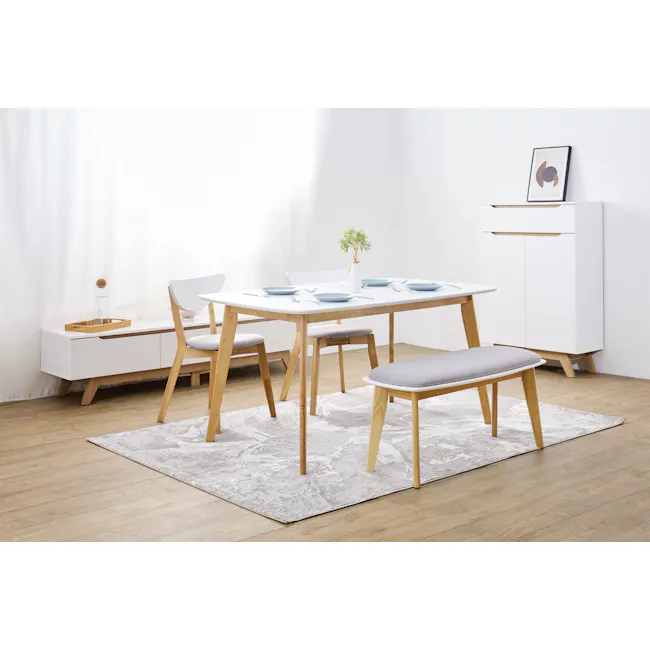 Harold Dining Table 1.5m in Natural, White with Harold Bench 1m and 2 Harold Dining Chairs in Dolphin Grey - 2 - Minimalist