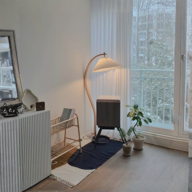 Heidi Cabinet 1.2m - White - 17 - Modern minimalist decor, cozy room ambiance, large window with snow-covered trees, soft