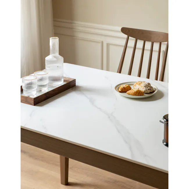 Adelyn Dining Table 1.4m - Walnut (Sintered Stone) - 7 - Clear glass, wooden tray, elegant table, marble surface, modern
