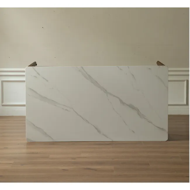 Adelyn Dining Table 1.4m - Walnut (Sintered Stone) - 9 - White marble panel, minimalist design, wooden floor, elegant room