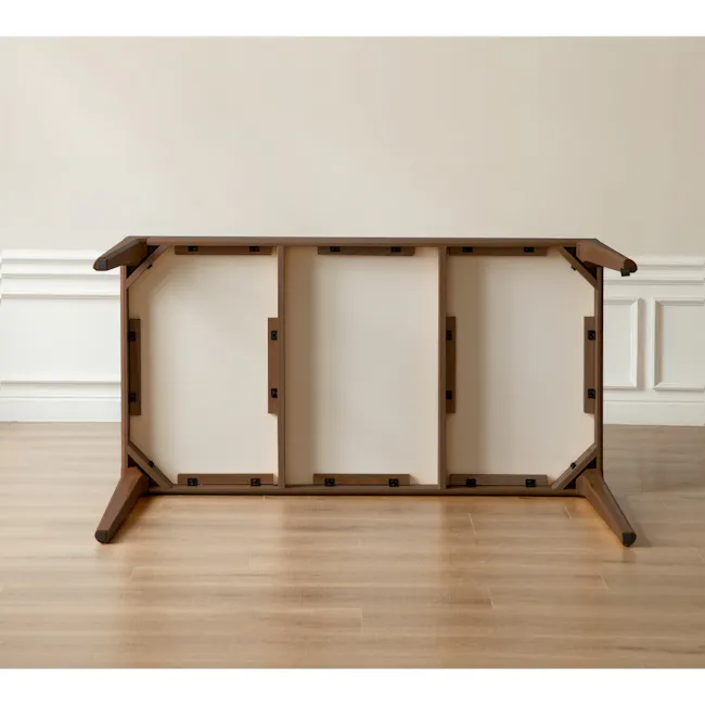 Adelyn Dining Table 1.4m - Walnut (Sintered Stone) - 11 - Wooden shelf with metal hinges, minimalist design, clean lines