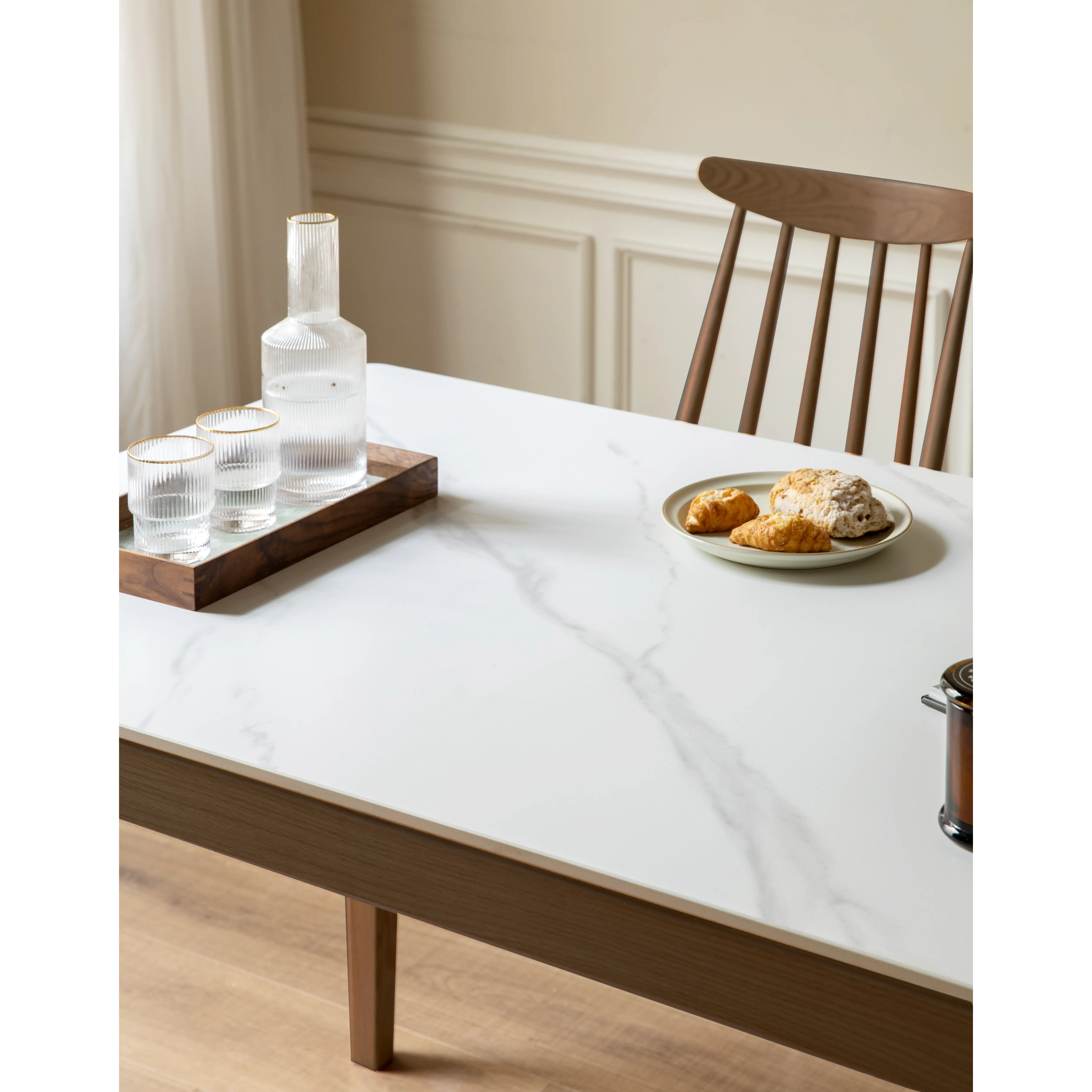 Adelyn Dining Table 1.4m (Sintered Stone) with 4 Niel Chairs in Walnut - 9 - Clear glass, wooden tray, elegant table, marble