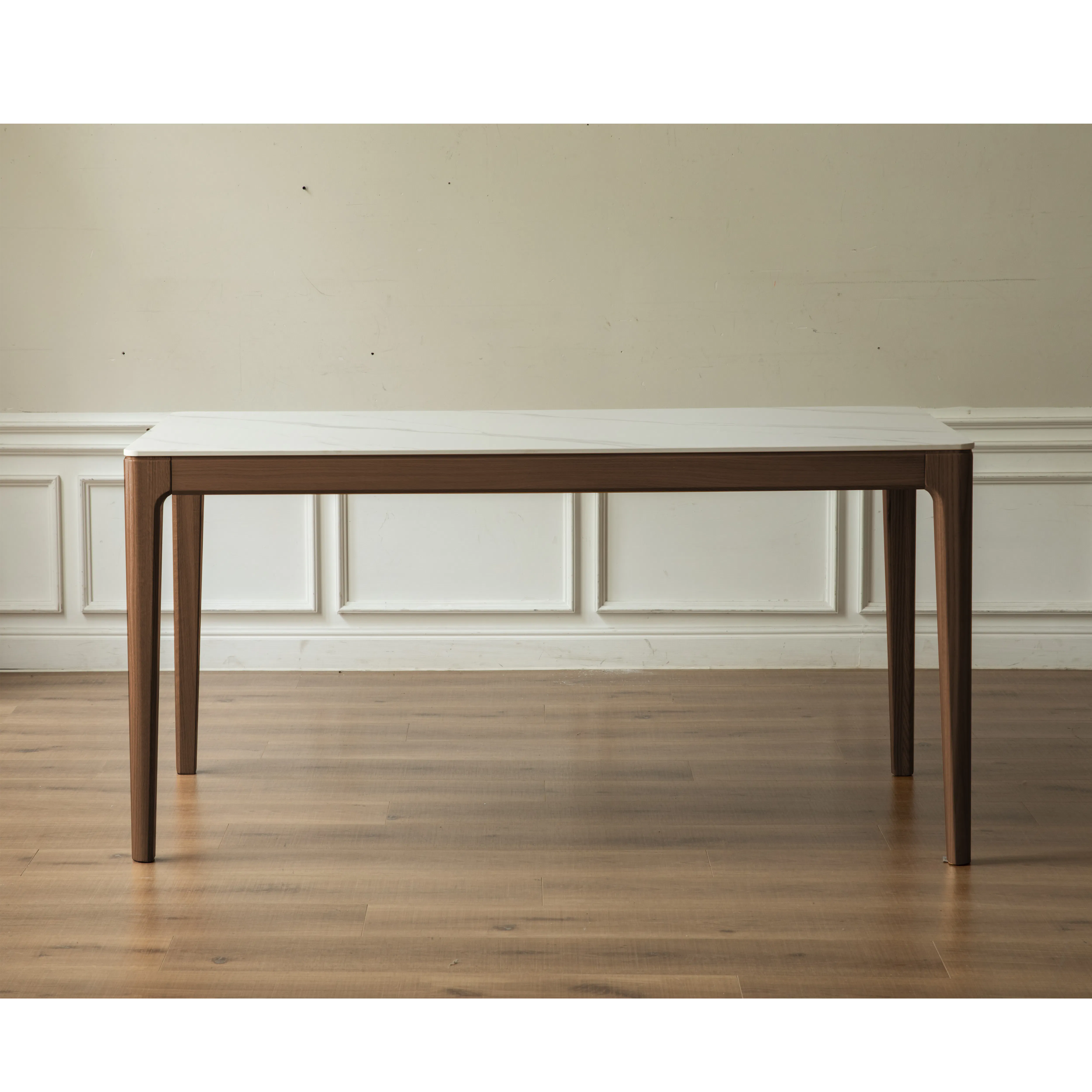 Adelyn Dining Table 1.4m (Sintered Stone) with 4 Niel Chairs in Walnut - 10 - Modern minimalist table, wooden legs, white