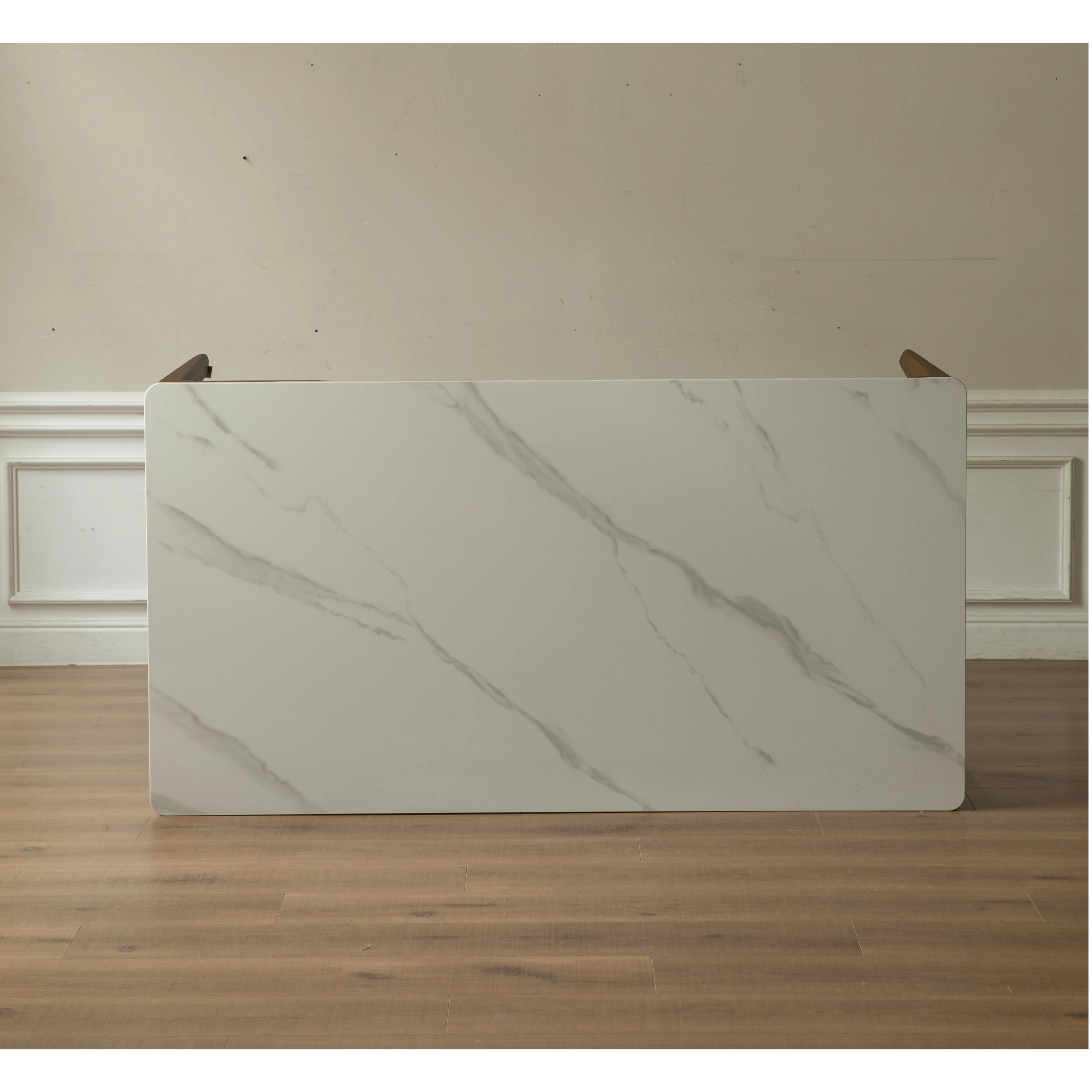 Adelyn Dining Table 1.4m (Sintered Stone) with 4 Niel Chairs in Walnut - 11 - White marble panel, minimalist design, wooden