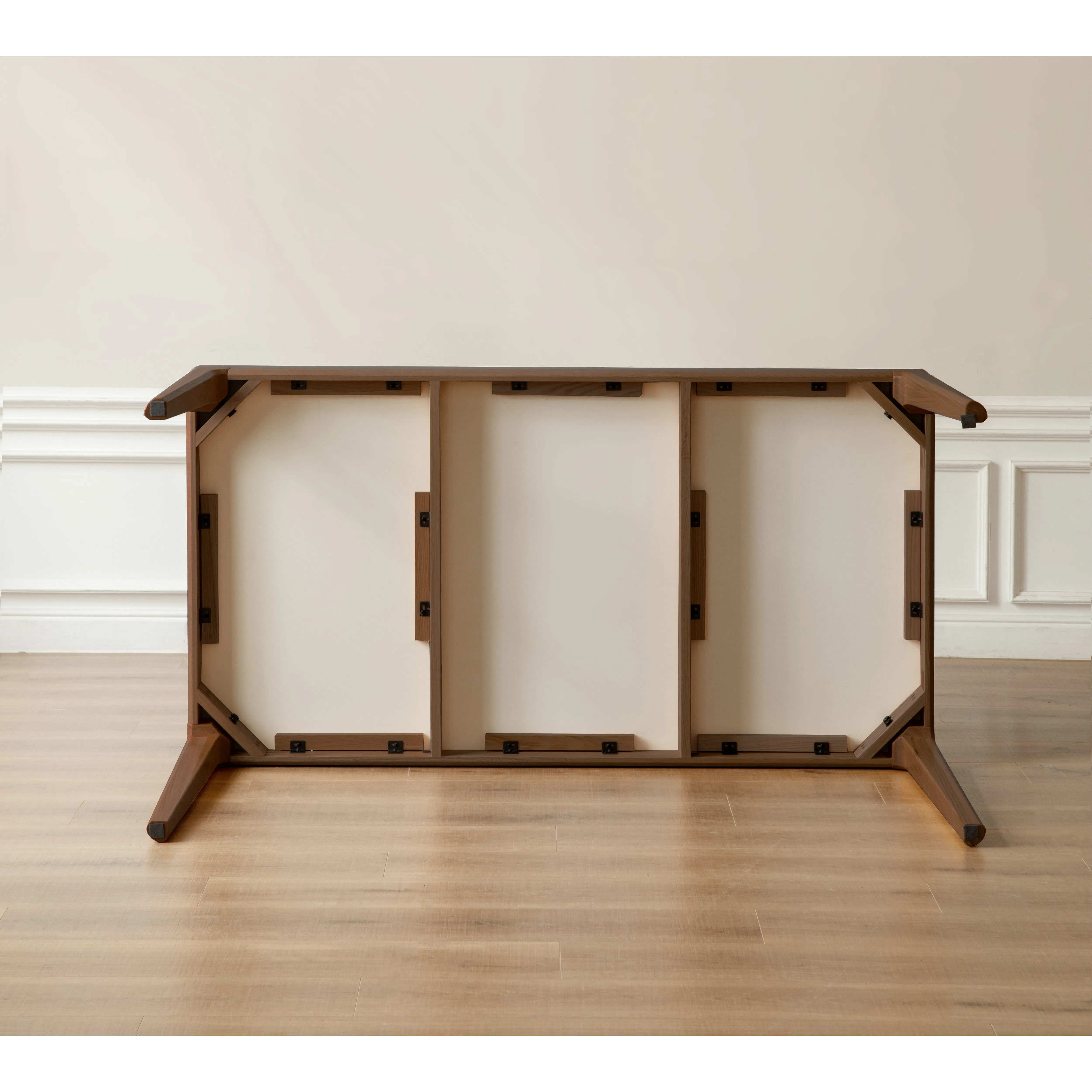 Adelyn Dining Table 1.4m (Sintered Stone) with 4 Niel Chairs in Walnut - 13 - Wooden shelf with metal hinges, minimalist