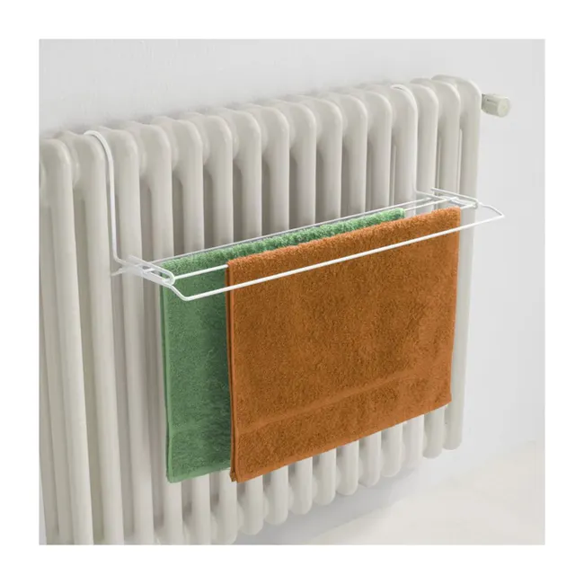 Metaltex Iseo Balcony Laundry Drier - Off White - 2 - White radiator, green and brown towels, towel rack, modern design