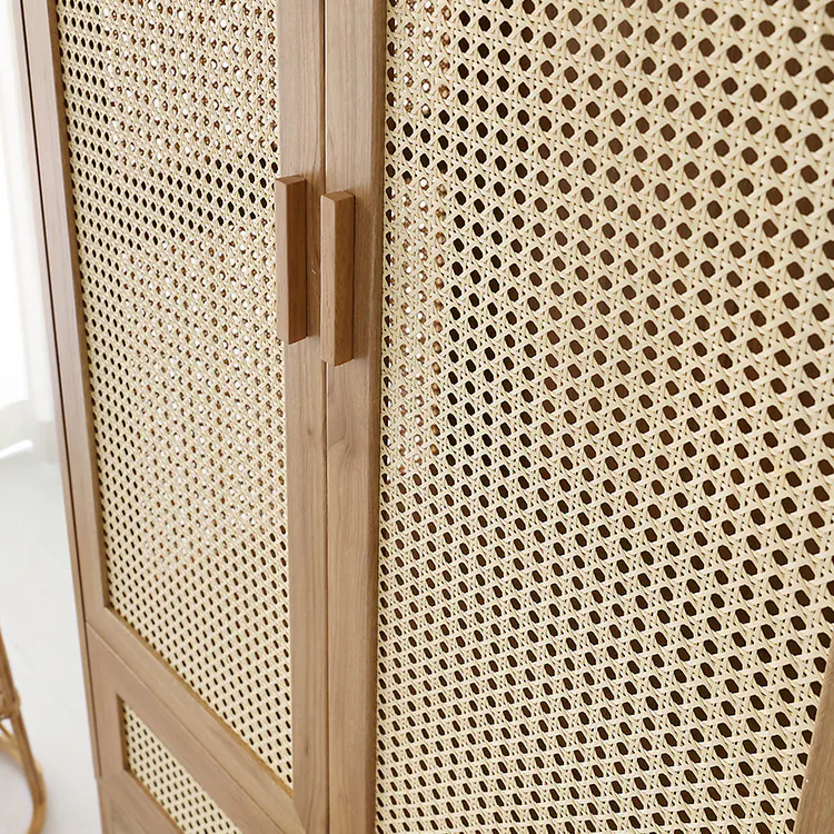Belig 2 Door Rattan Wardrobe with 1 Drawer - 9 - Wooden cabinet with woven lattice design, light beige color, intricate
