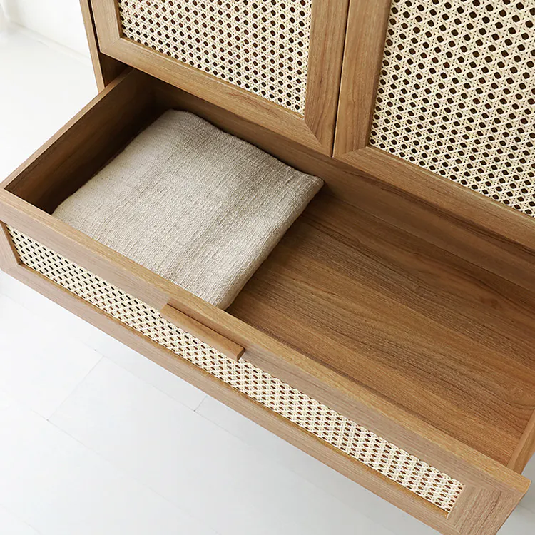 Belig 2 Door Rattan Wardrobe with 1 Drawer - 15 - Wooden storage drawer with woven mesh, beige fabric pillow, clean