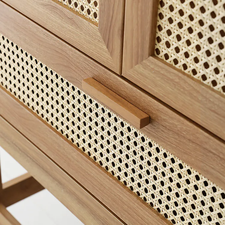 Belig 2 Door Rattan Wardrobe with 1 Drawer - 12 - Wooden drawer with intricate lattice design, light brown wood grain
